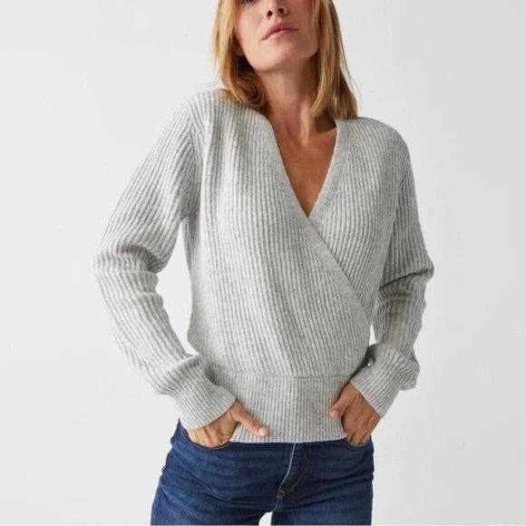 Michael Stars Heather Grey Ribbed Sequin Wrap Laurel Surplice Sweater Sz LP - Picture 1 of 8